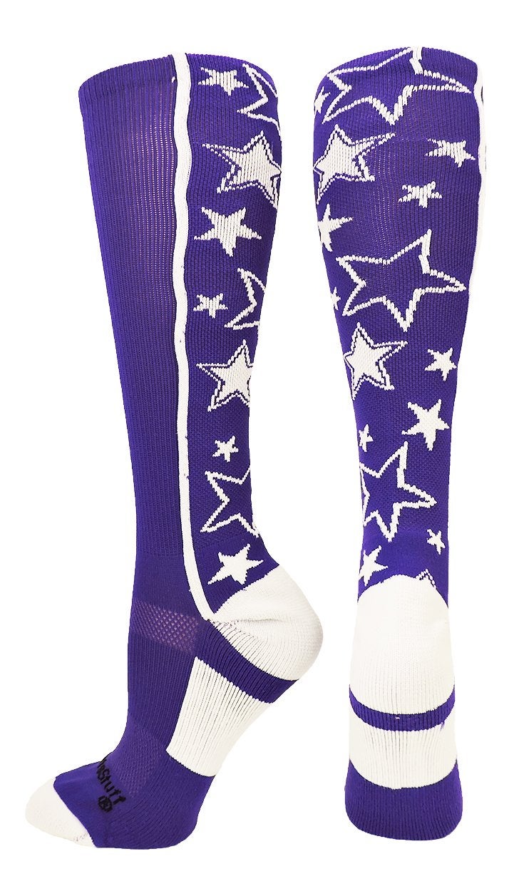 MadSportsStuff Crazy Socks with Stars Over the Calf Socks (Purple/White, Small) - Image 1